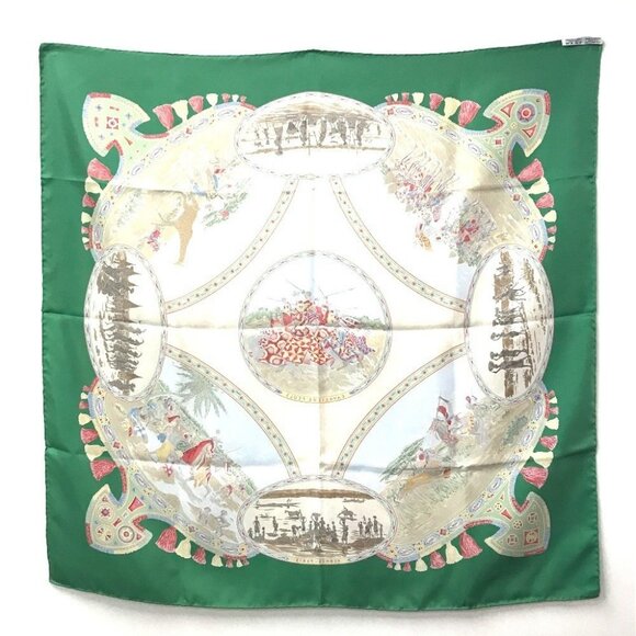 HERMES Carre90 Carre 90 CAVALIERS PEULS Poole jockey Scarf silk Green - Picture 1 of 14